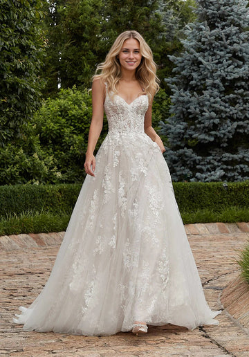 Ethereal A-line Frosted Floral Embroidered Appliqués Lace Wedding Gown